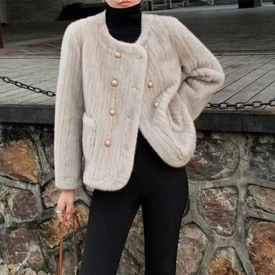 Warm and Fashion Double-breasted Coat for Women with Faux Mink Fur Collar