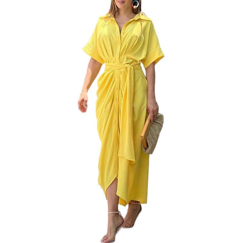 European & American Women's Fashion Print High Waist Short Sleeve Shirt Dress