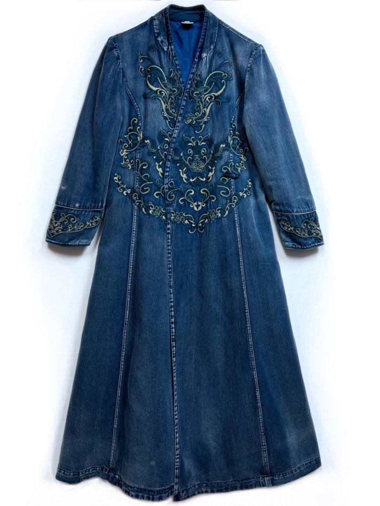 Johnature Frauen Frühling Mode Vintage Stickerei V-ausschnitt Denim Kleid Lose Retro Casual Kleid