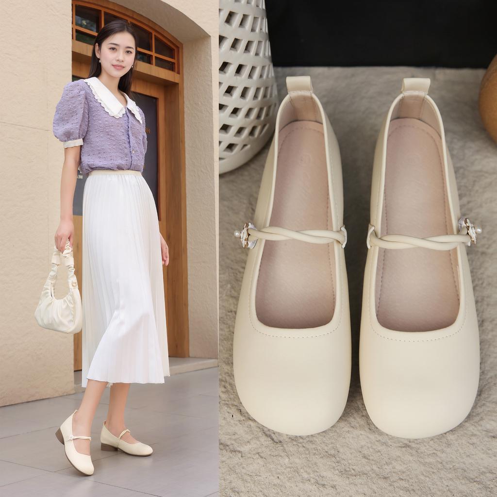 Vintage Camellia Mary Jane Shoes Women's Thick Heel with Soft Leather Low Heel Single Shoes Women's Casual Beanie Shoes