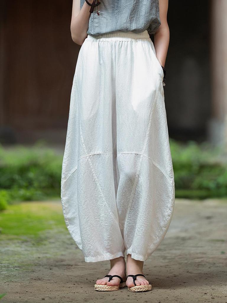 Women's Loose Casual Ramie Lantern Pants - Sand-Washed Distressed Cotton Linen Zen Tai Chi Pants
