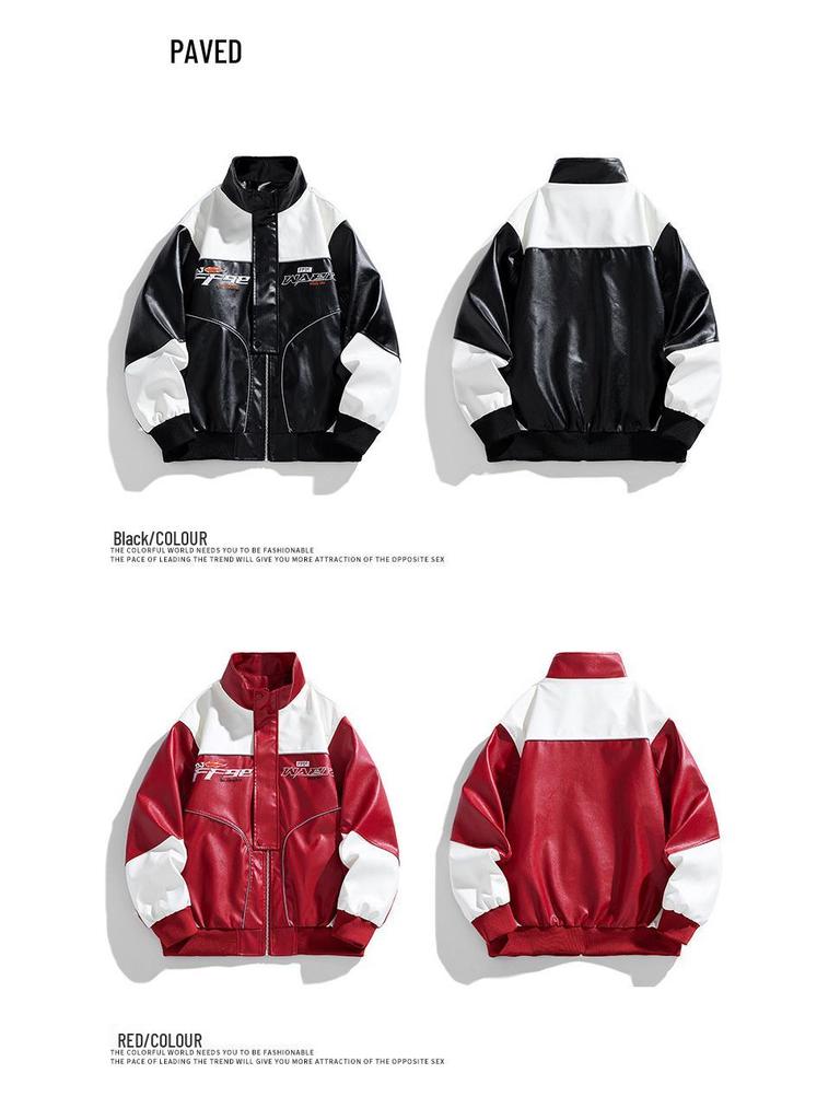 American Style PU Leather Men's Retro Motorcycle Jacket - Stand Collar, Color Block, Spring/Autumn Coat