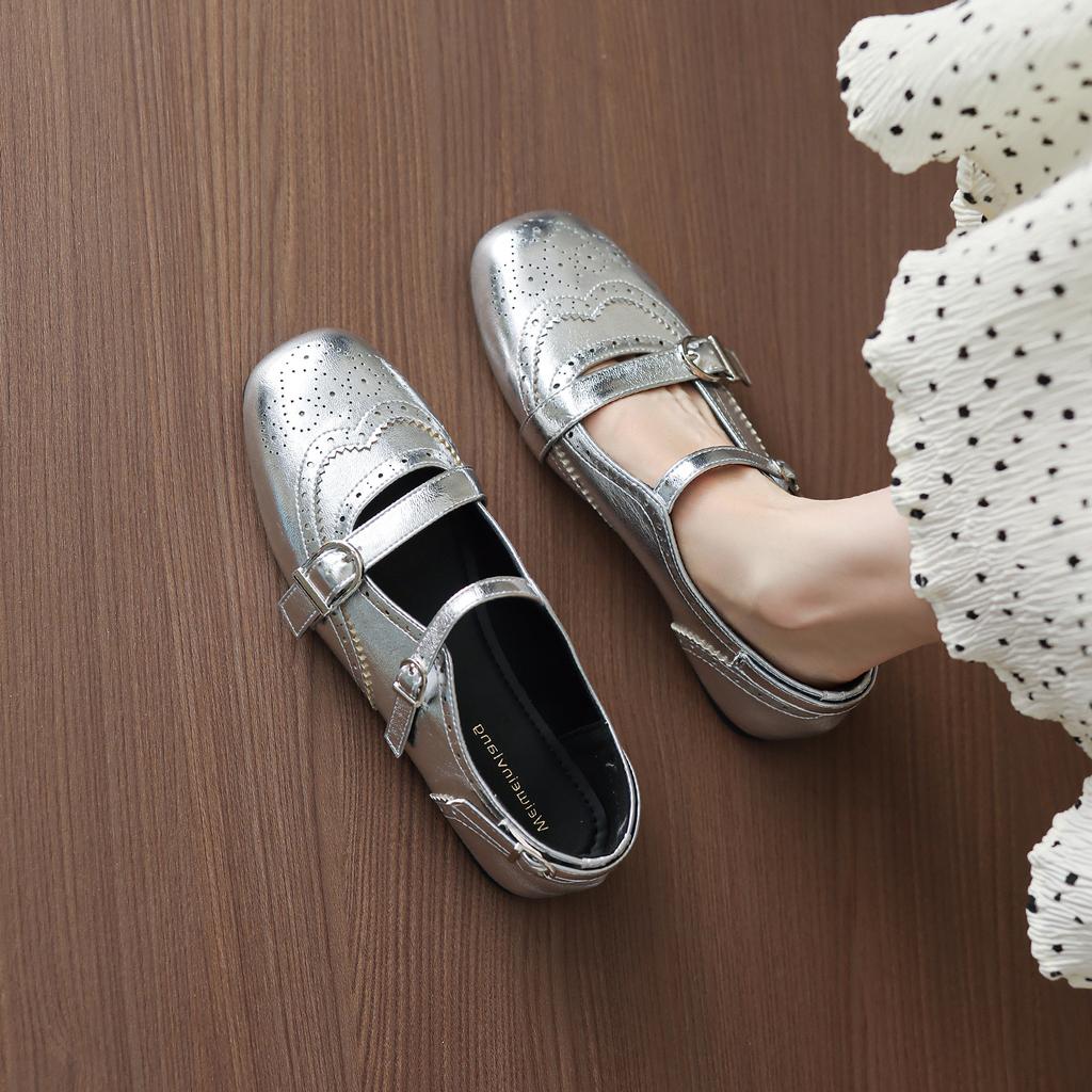 New Model586-12 Vintage Block Carved Artistic Mary Jane Shoes Women'S Buckle Flat Commuter Flats