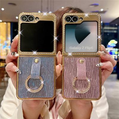 Ring Holder Diamond Case For Samsung Galaxy Z Flip 6 5 4 Zflip 5 Zflip 4 3 Bling Electroplating Cover