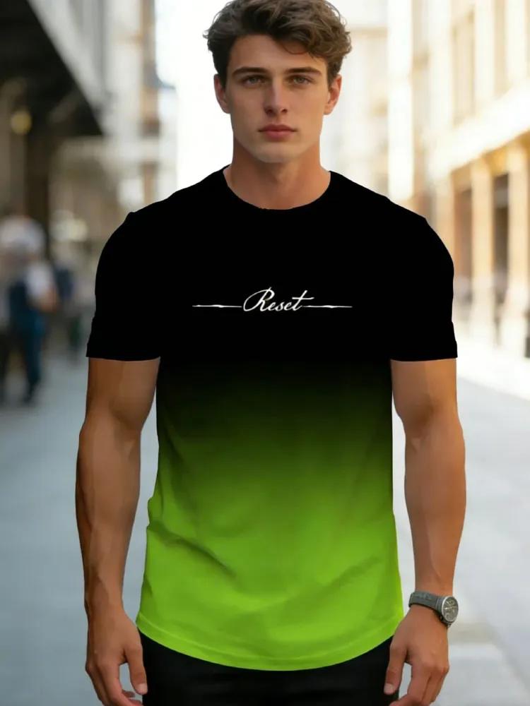 Men's "Reset" Script Print Gradient T-Shirt, Modern Black to Bright Green Color Transition, Casual Crew Neck Tee for Men