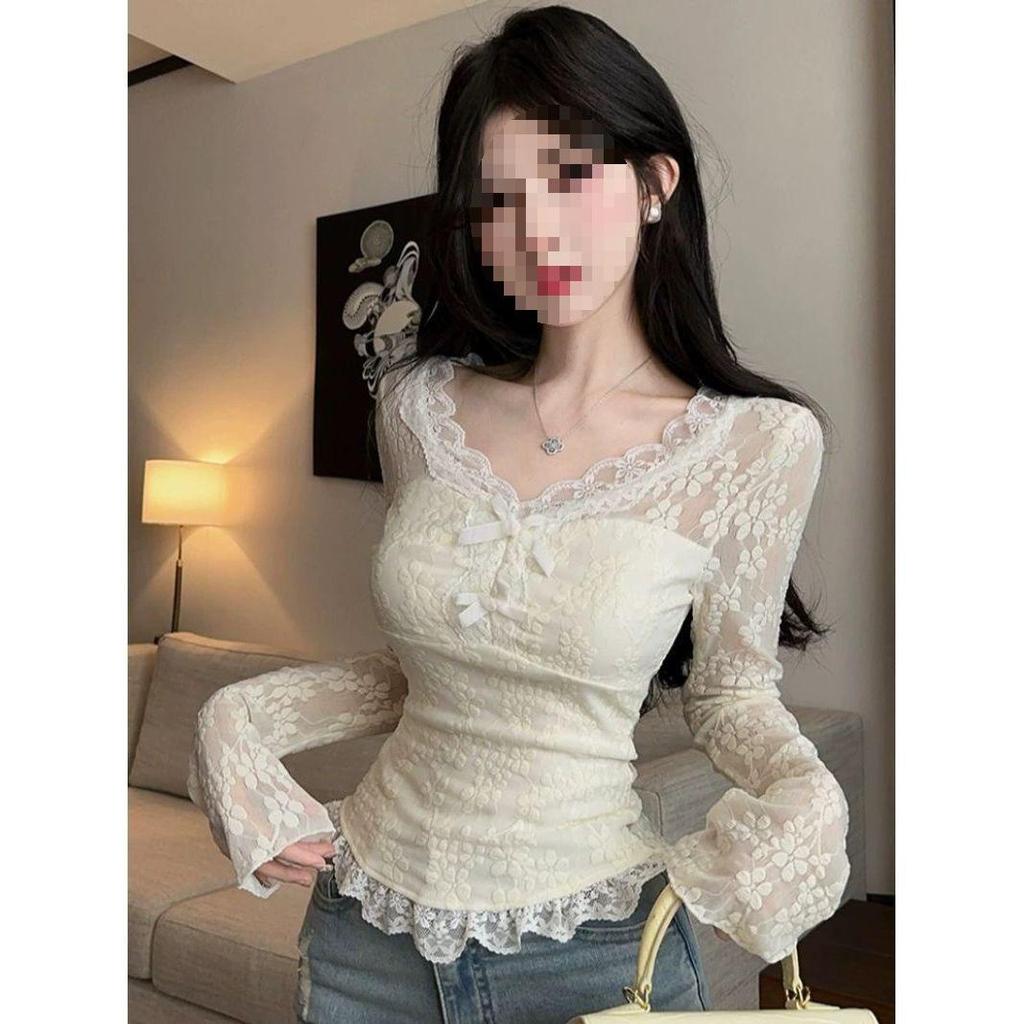 Elegant Lace Slim Fit Long Sleeve Women's Shirt with Waist-Cinching Bow - Spring/Summer Collection