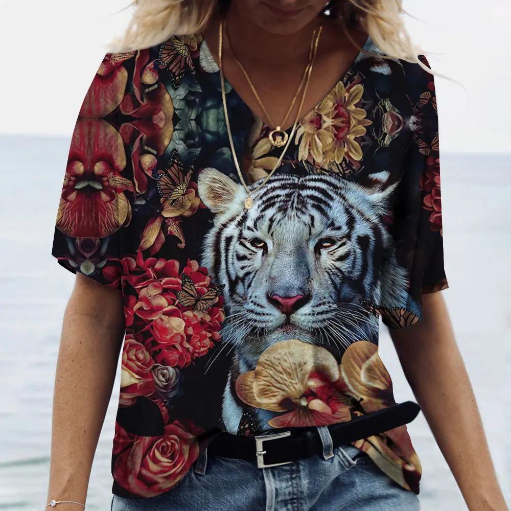 V Neck Tshirt Streetwear Y2k Clothes Women Summer Casual Oversize Dazzle Color Cats Print Shirt Short Sleeve Top Vintage Female