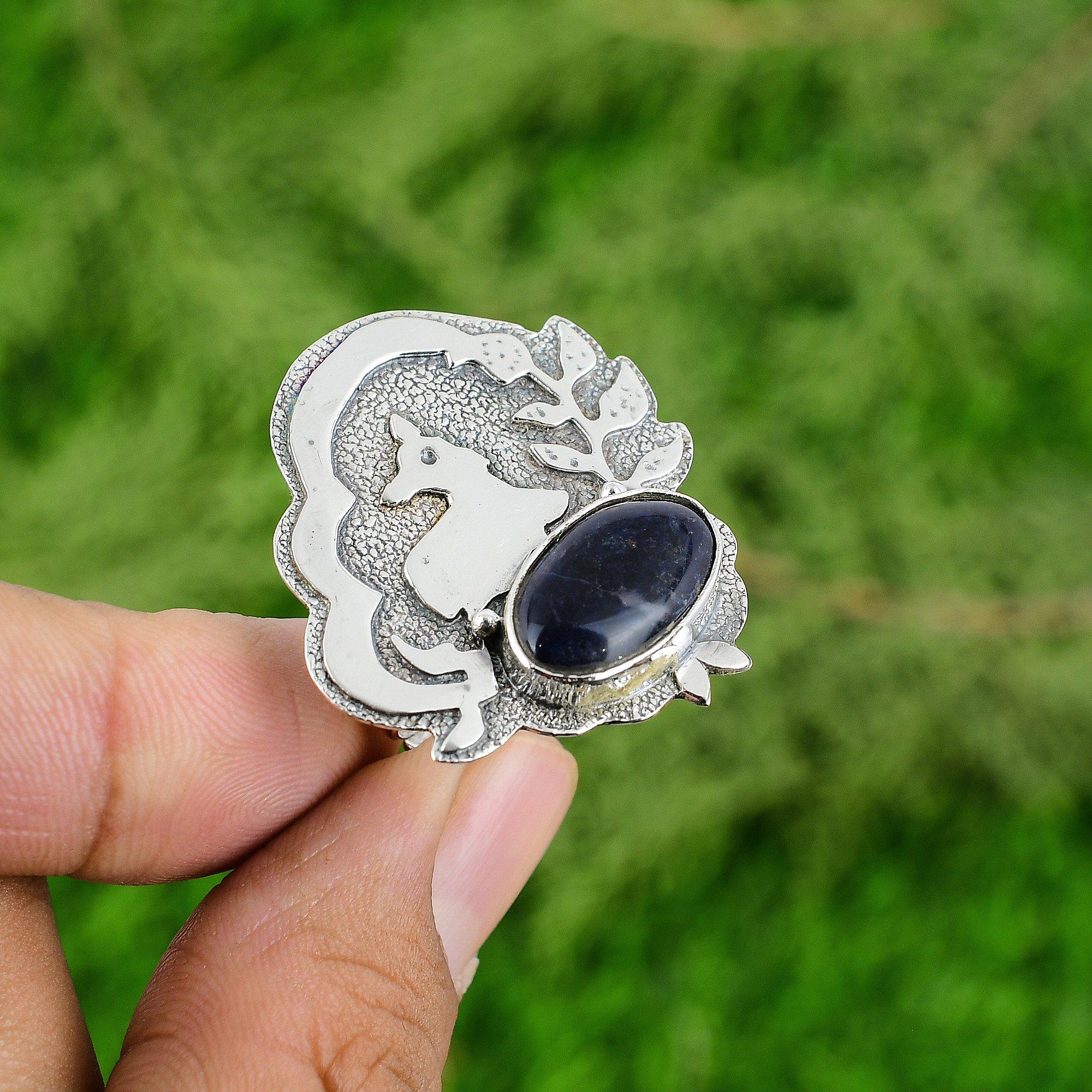 

Sterling Silver Sodalite Gemstone Handmade Wife Anniversary Statement Bezel Ring Adjustable