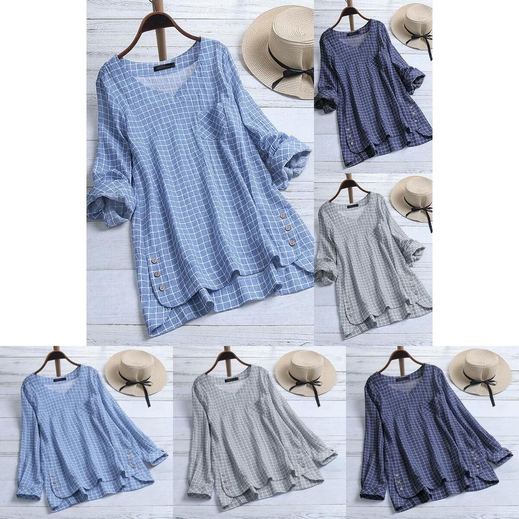 Women's Long Sleeve Plaid Check Shirt Tops V Neck Casual Asym Hem Blouse For Everyday Elegance