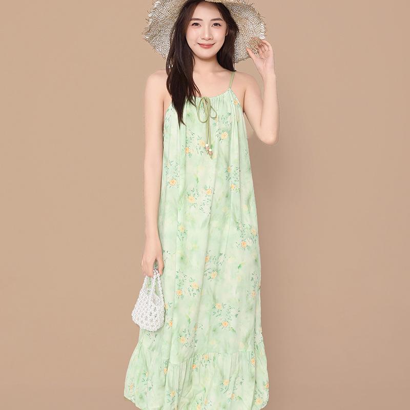 Gentle Wind Gradual Change Tie-dye Cotton and Silk Suspender Nightdress Ruffle Edge Hem Loose Pajama Skirt Women Large Size Home Skirt