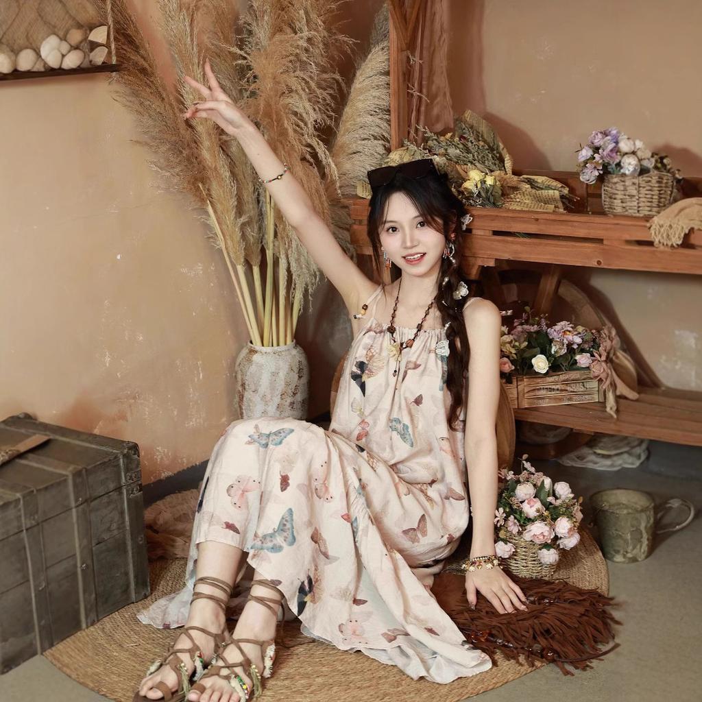 Bohemian retro sweet long dress butterfly print dress super fairy floral beaded loose and thin suspender skirt