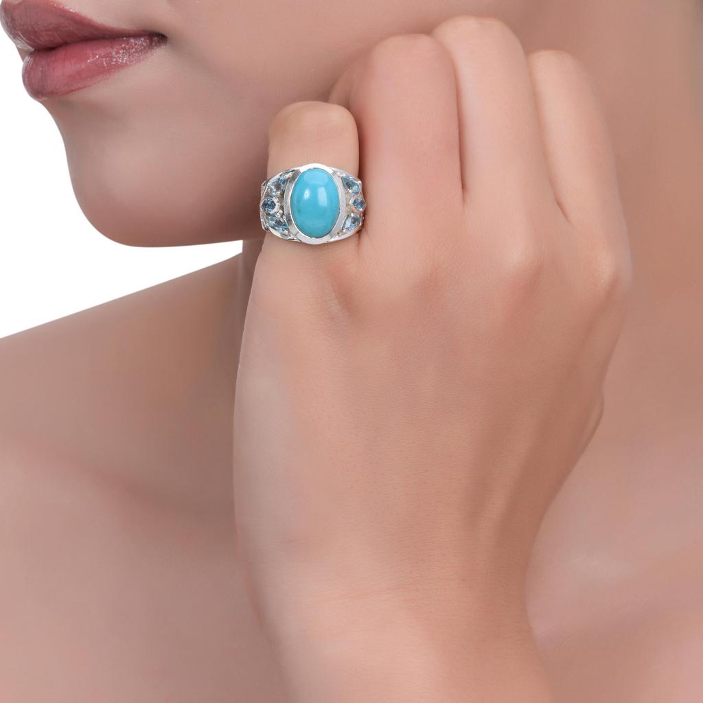 925 Sterling Silver Rare Sleeping Beauty Turquoise & Blue Topaz Statement Ring – Bold Handmade Gemstone Ring for Women