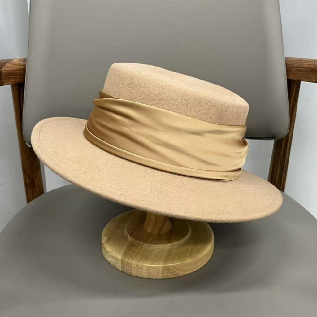French elegant simple autumn and winter Australian wool flat top hat female Hepburn style retro fashion wide brim top hat felt hat