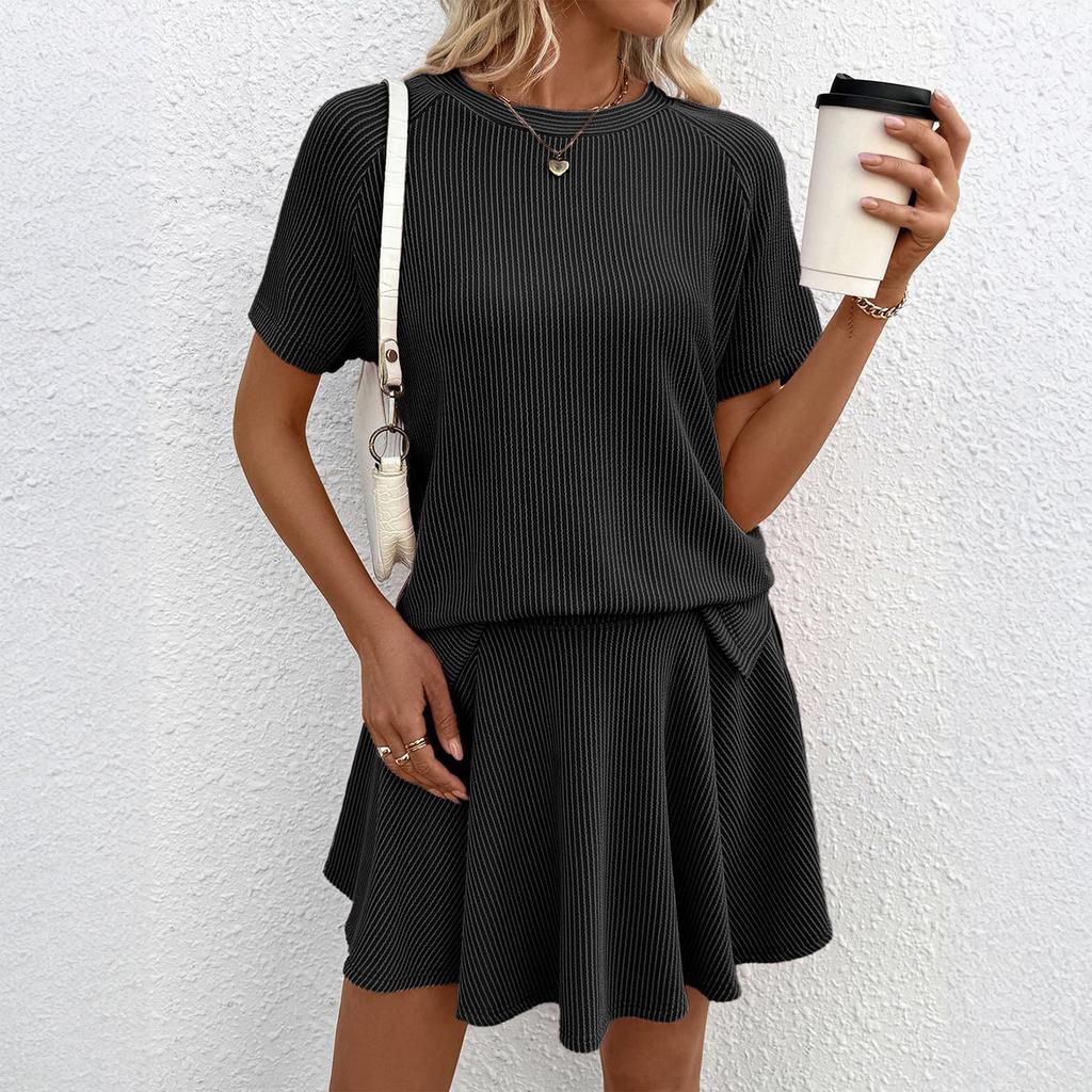 Damesmode Kleur Ronde Hals Korte Mouwen Top Broek Rok Tweedelig Pak
