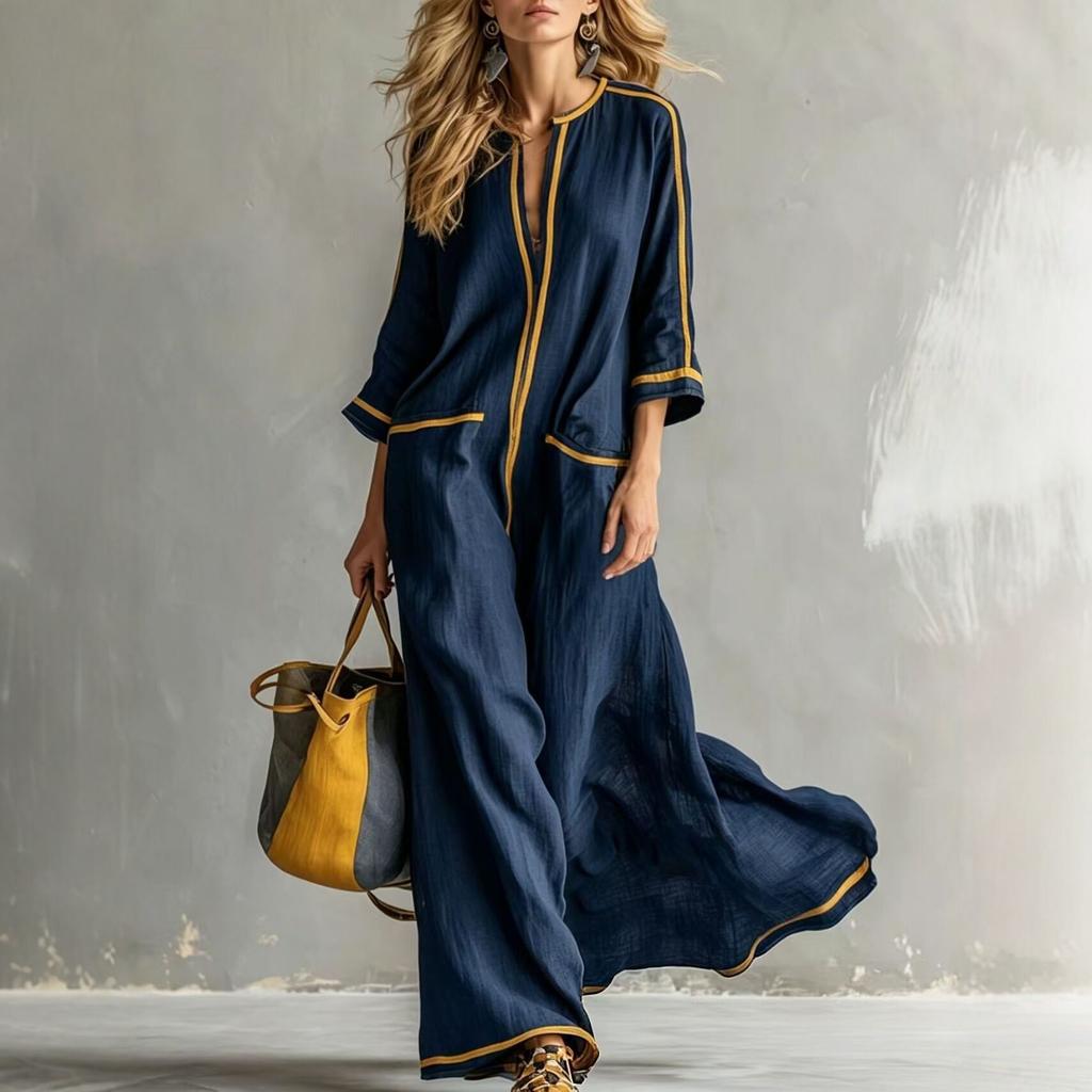 Summer new European and American style striped V-neck loose holiday style long dress women's fashion casual beach