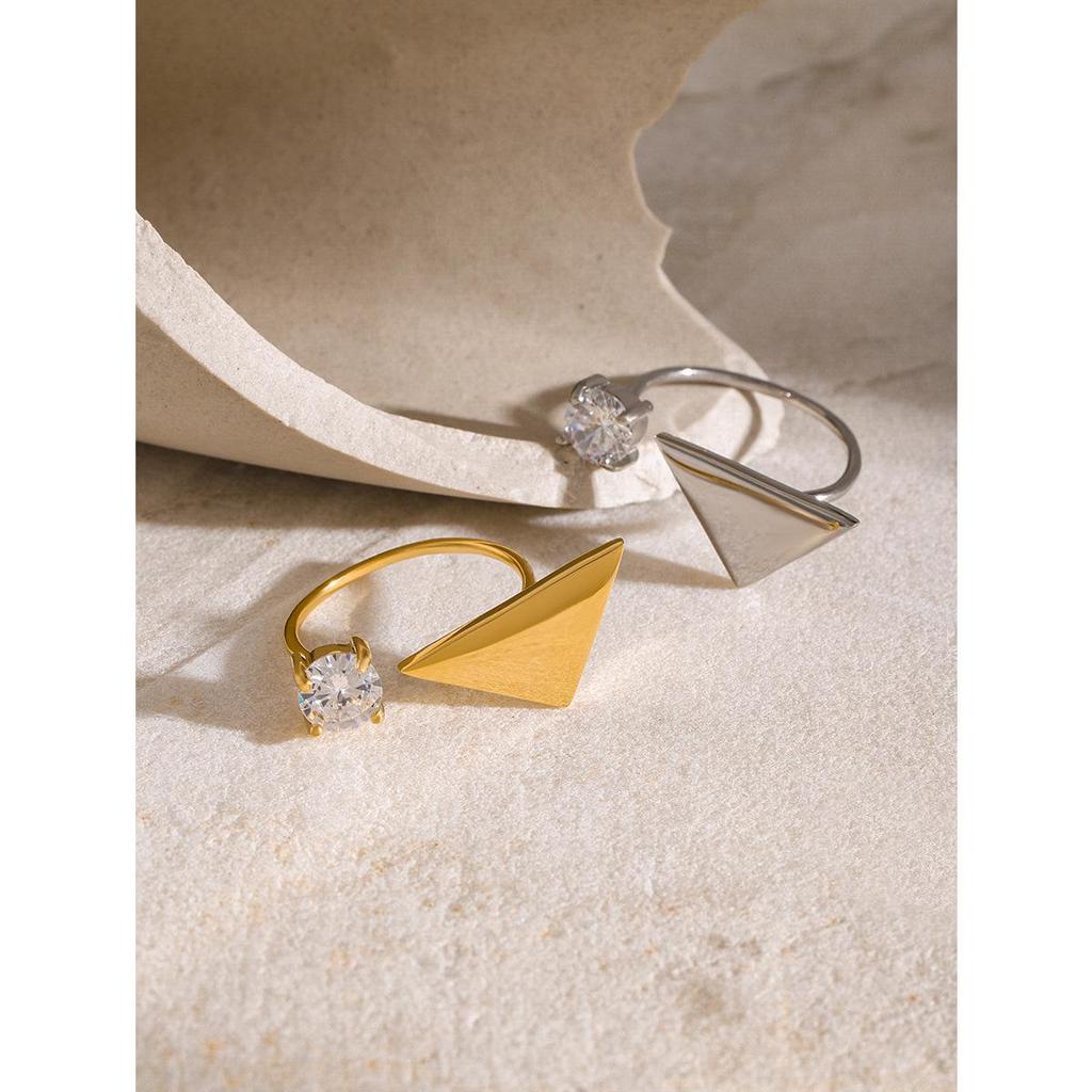 18k Gold Polished Triangle Zircon Open Ring, European & American Style Fashion Jewelry.