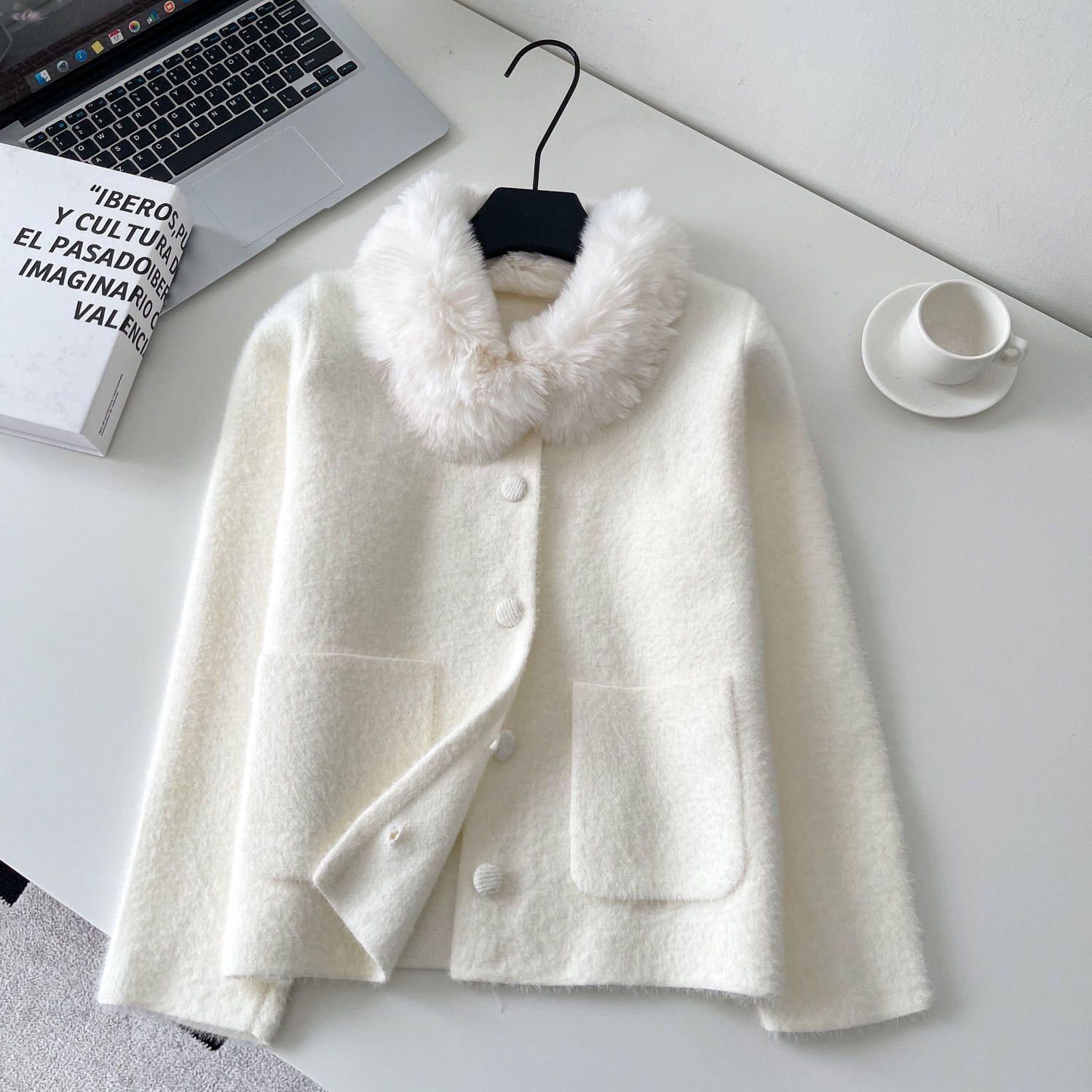 

Petite Style Fur Collar Knit Cardigan - Women s Loose Casual Long Sleeve Top One Size білий