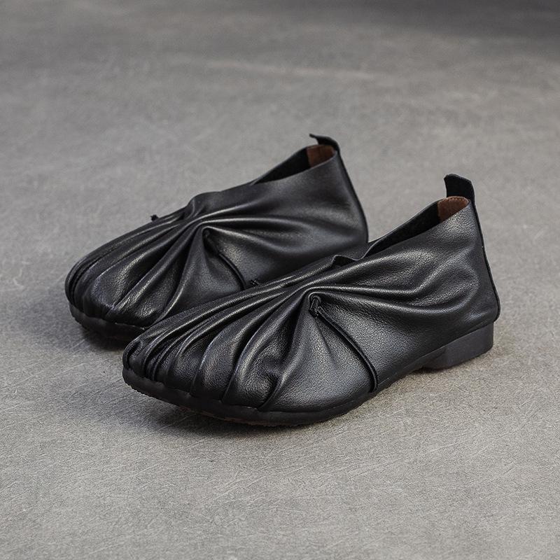 Johnature Retro Handmade Pleated Flats Genuine Leather Round Toe Soft Soled Lightweight Women's Slip-on Shoes