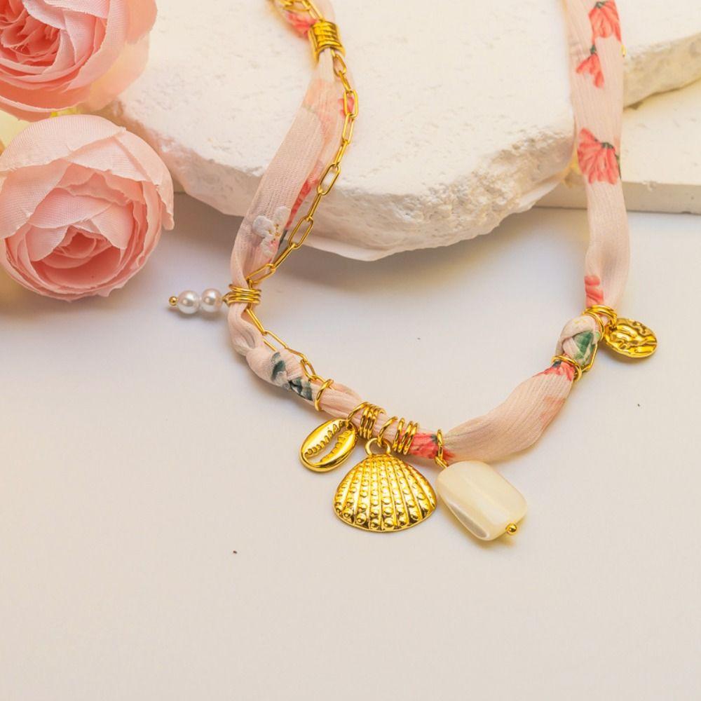 Personality Flower Scarf Chain Necklace Ethnic Style Ocean Series Necklace Nylon Rope Choker  Women