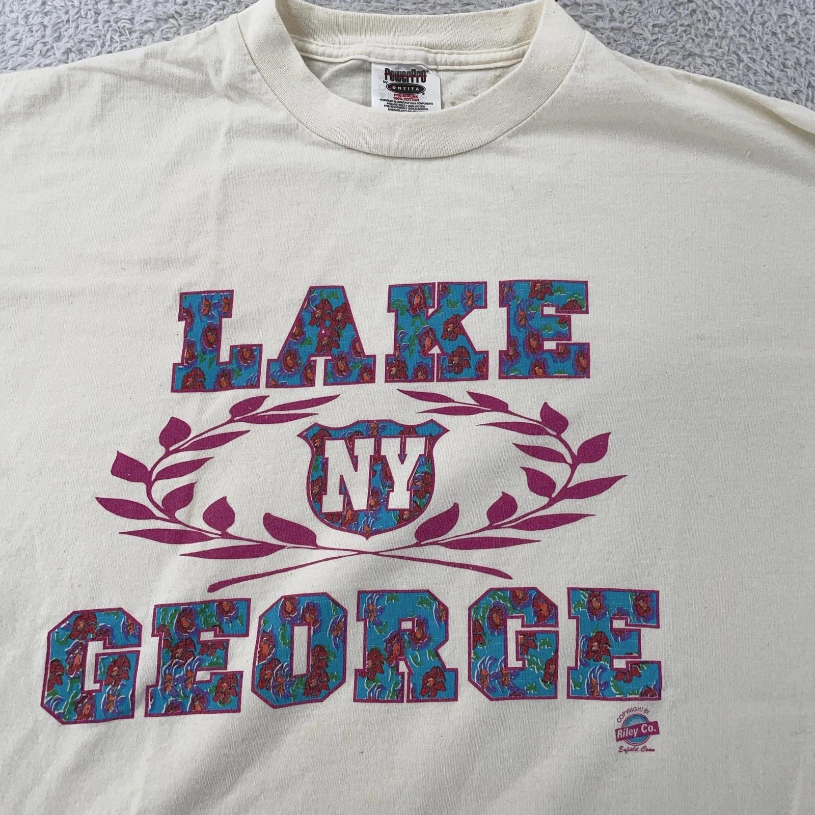 

Винтажная футболка Lake George New York Мужская L Цвет вне белого Графика Пляжный Отпуск 90-е S