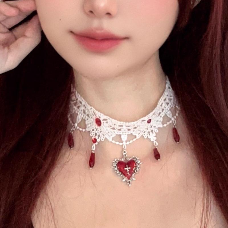 

Gothic Halloween Blood Drip Cross Heart Necklace - Dark Cosplay Clavicle Jewelry