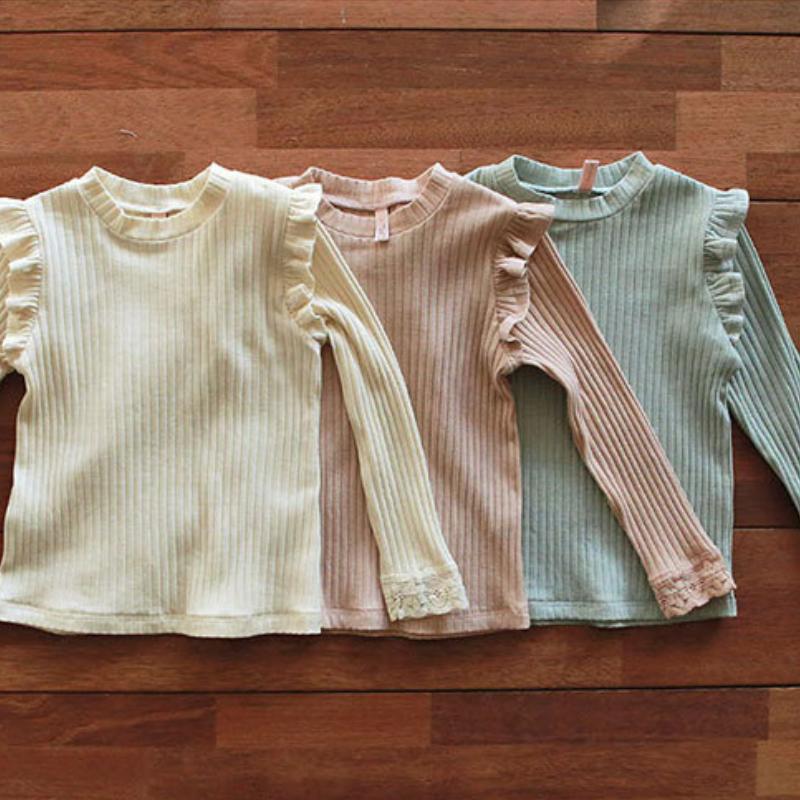 Tricou cu mânecă lungă pentru fete de primăvară 2024 pentru copii Cămașă tricotată cu fund din dantelă cu gât rotund