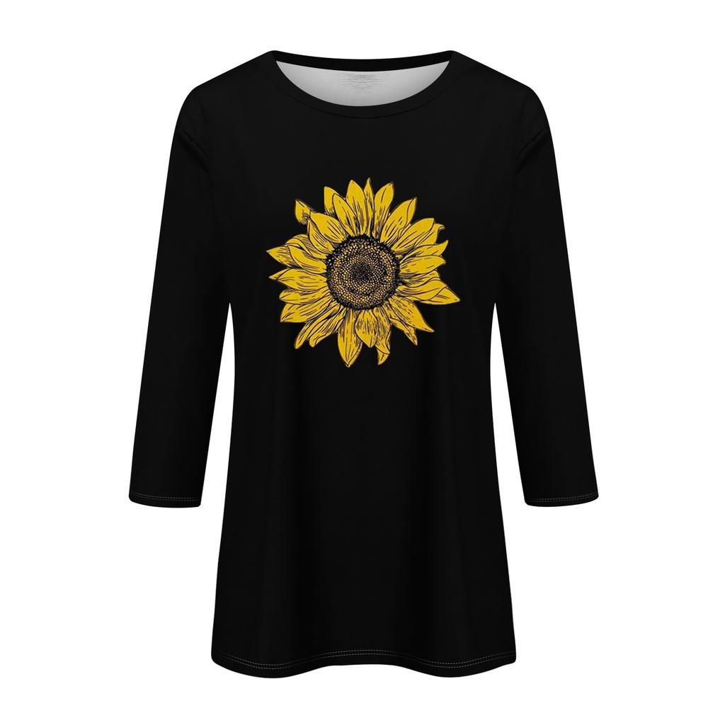 Women's Fashion Casual Round Neck 3/4 Sleeve Loose  Printed T-Shirt Ladies Top