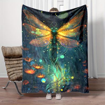 Whimsical Dragonfly & Floral Print Flannel Throw Blanket - Cozy, Reversible, All-Season Comfort In Vibrant Colors - Soft, Warm,