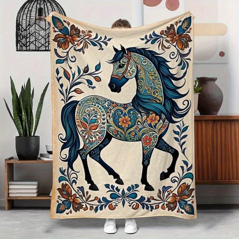 

Floral Horse Print Flannel Blanket Lightweight AllSeason Sofa Bed Camping Travel Gift 75x100cm (30x40inch)