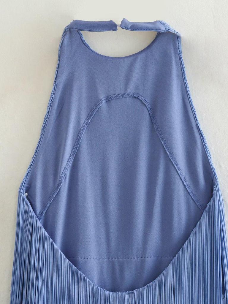 2026 Summer European-American Tassel Backless Halter Mini Dress