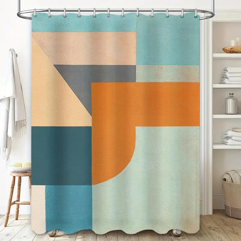 Modern Geometric Print Shower Curtain For Bathroom Decor Orange Blue Beige Design Waterproof Bath Rug Liner