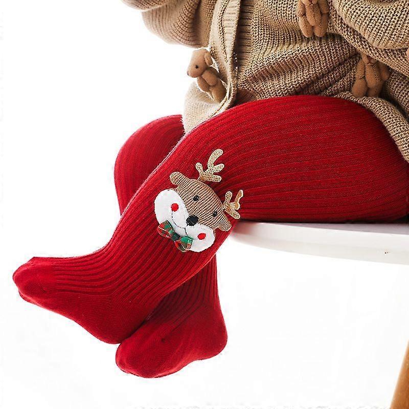Girls' Christmas-themed red character tights Cotton-blend spring/fall/winter baby tights Infant tights with footed design