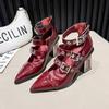 Spring New Coarse Heel Shoes Women Pointed Head Shallow Mouth Rivets Metal Buckle Line Belt High Heels