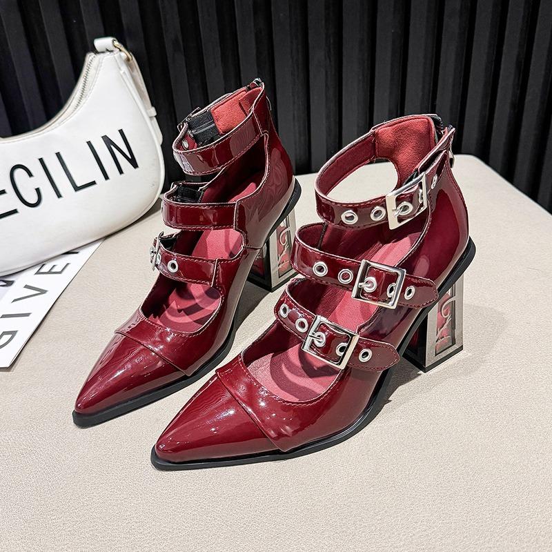 Spring New Coarse Heel Shoes Women Pointed Head Shallow Mouth Rivets Metal Buckle Line Belt High Heels