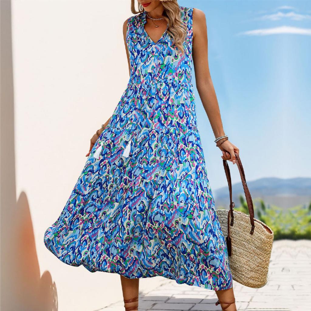 New European American Style Summer Abstract Print Midi Dress for Beach Vacation