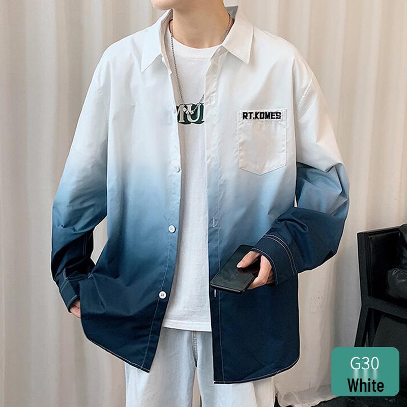 American Style Gradient Long Sleeve Men's Shirt – Casual Loose Fit with Turn-Down Collar for Spring, Autumn, and Summer.