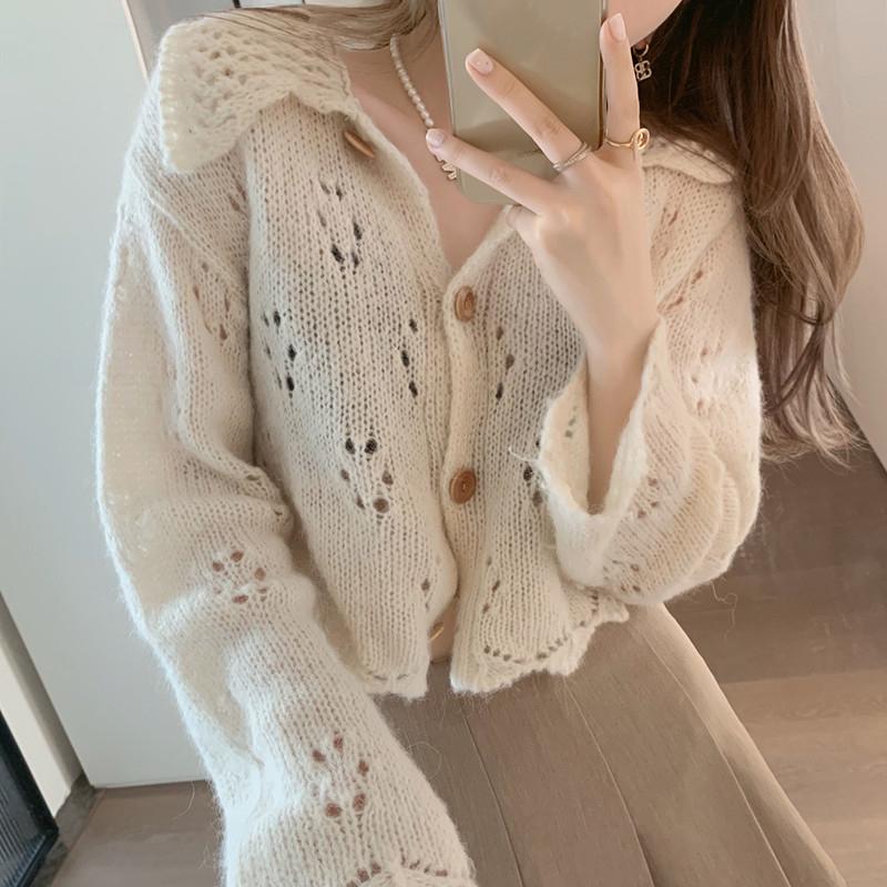 Fashion Elegant Sweet Knitted Cardigan Short Sweater Women Autumn Long Sleeve Loose Doll Collar Top Casual Korean Hollow Simple Knitwear Coat
