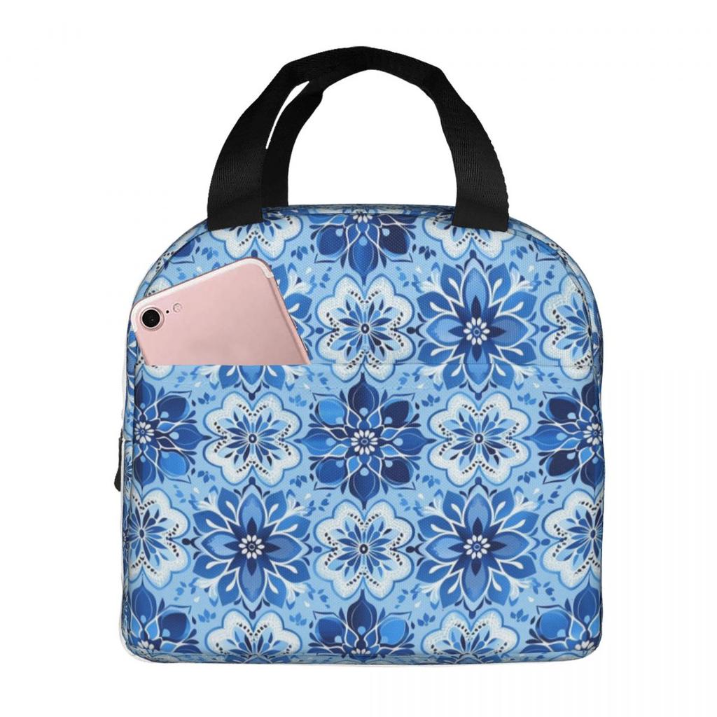 Antique Blue Azulejo Tile Floral Insulated Lunch Bag for Women Kids Portable Food Boxes Thermal Lunch Box Tote