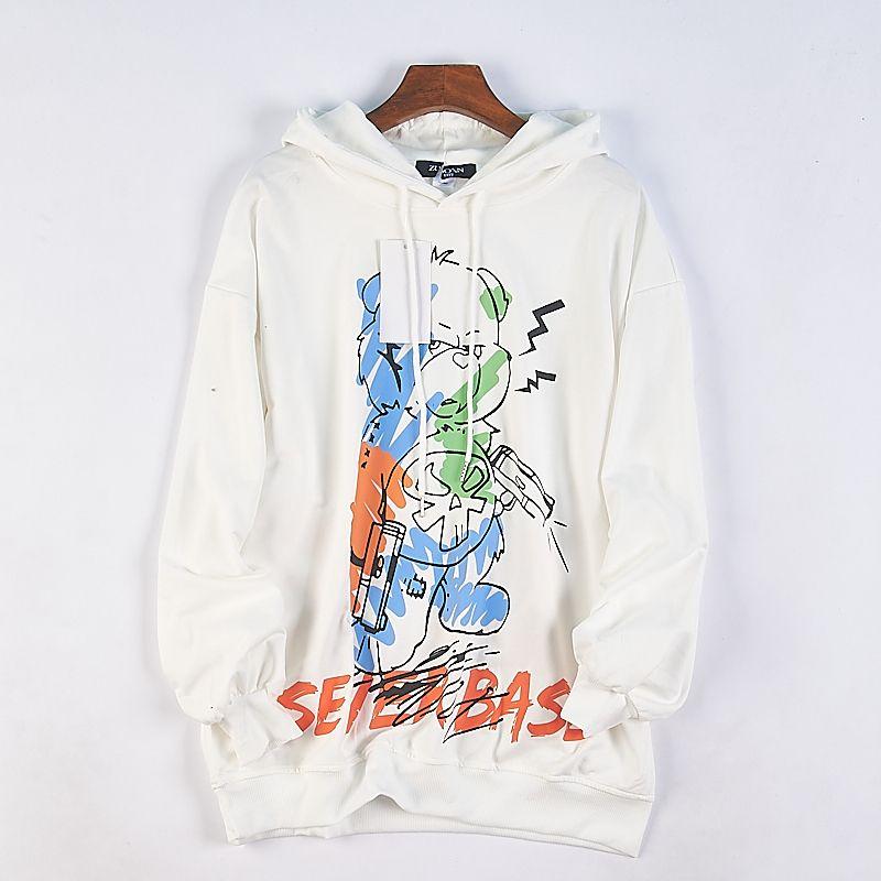 

315 Korean Style Hooded T-shirt Hoodie Trendy Men and Women Couple 76520 Spring and Autumn Cartoon Print Pattern Loose Long sleeve Outerwear 2 White. 2XL