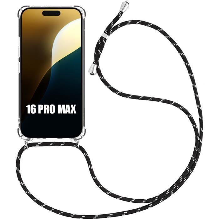 Coque Cordon pour iPhone 16 Pro Max - Protection Antichoc Transparente + Cordon Noir