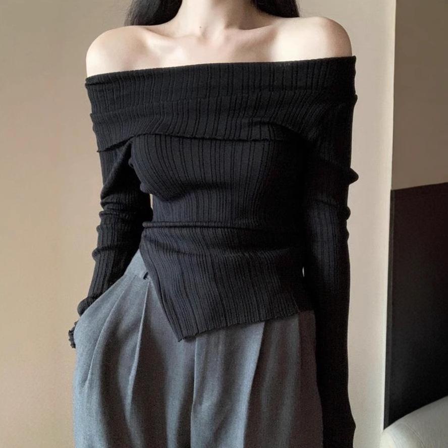 2024 French One-Shoulder Slit Knit Sweater: Women's Spring Irregular Slim-Fit Long Sleeve Top