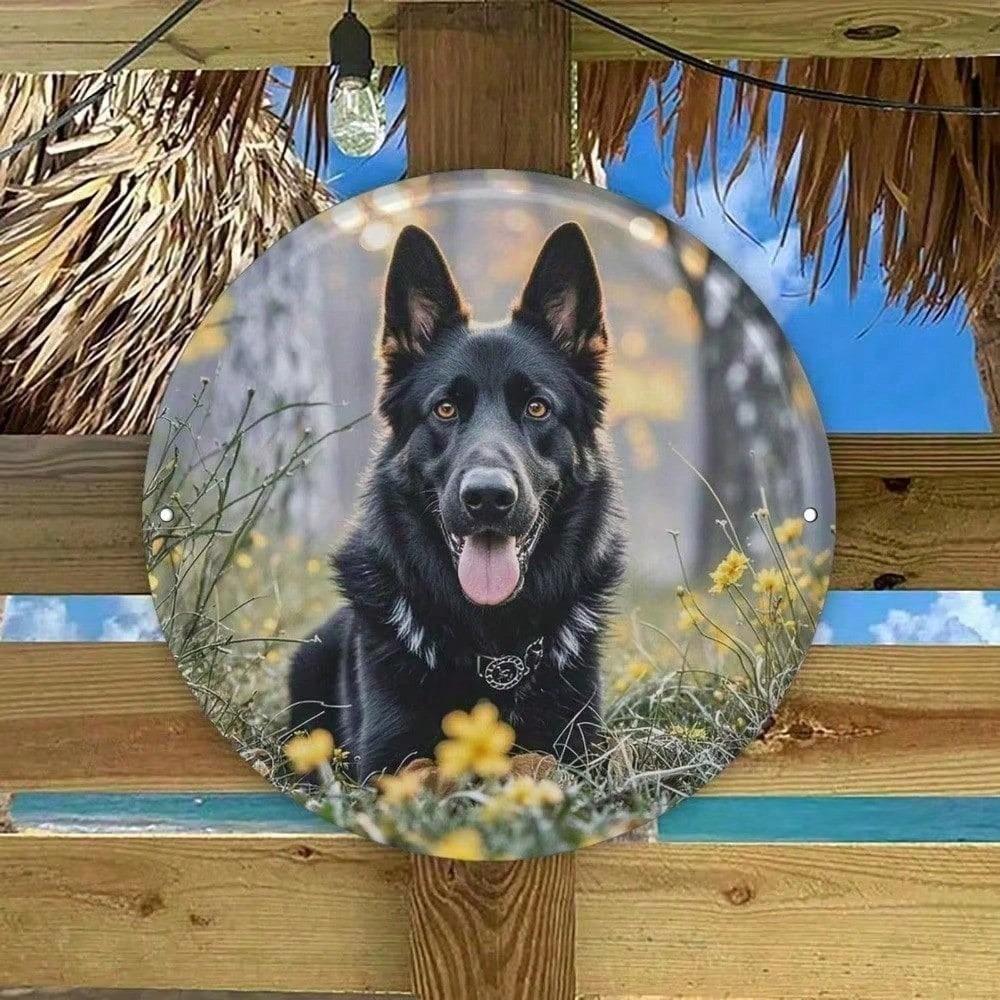 Vintage German Shepherd Metal Sign Round Aluminum Wall Art Black Dog Decor Man Cave Garage