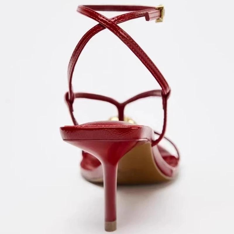 Red Sexy Metal Buckle High Heels Women Fashion Ankle Strap Wedding Party Shoes Ladies Square Toe Elegant Brand Sandals