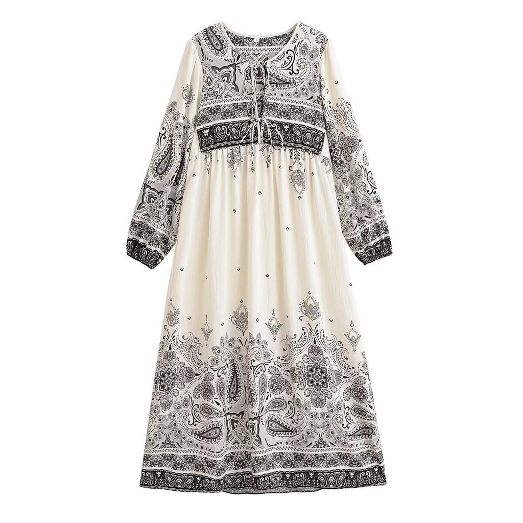 Autumn European and American Women's Clothing Positioning Printing Fringed Bohemian Loose Dress