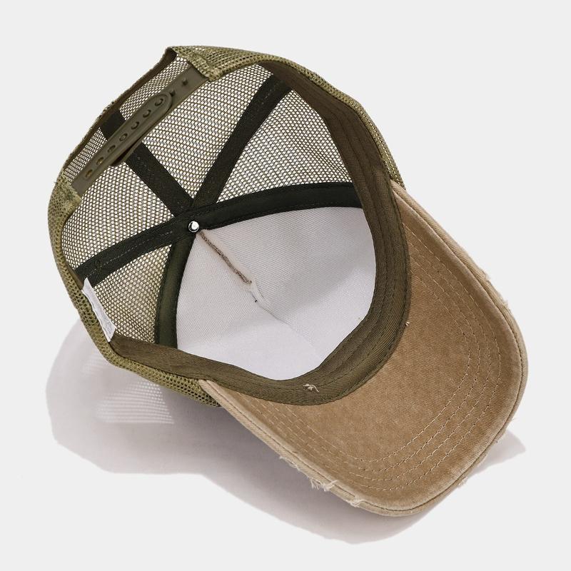 New Unisex Color Block Broken Style Baseball Hats Distress Breathable Mesh Sunshade Retro Trucker Caps Versatile Simple Fashion