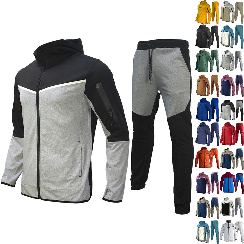 Men's Colorblock Zipper Sweatshirt Hoodie Men's Sports Large Size Casual Sweatshirt And Trousers Set