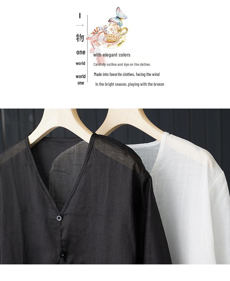 2024 Summer Lightweight Cotton Linen V-Neck Blouse - Zen Style, Plus Size, Mid-Sleeve, Comfortable, White Shirt