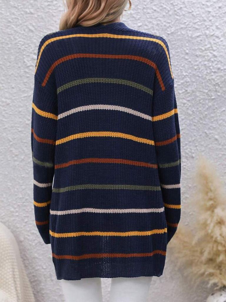 Over Size Striped Long Sleeve Cardigan Coat for Women Autumn Winter Casual Workwear