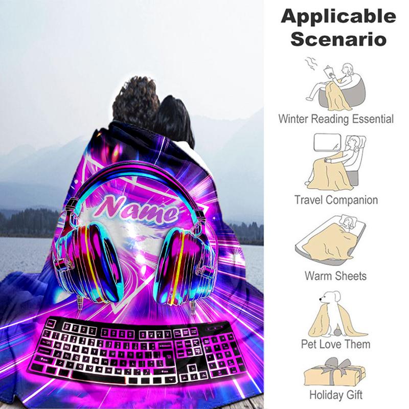 1PC Custom Name Neon Lights Music Flannel Blanket Versatile, All-season Throw Suitable for the Living Room, Bedroom, Camping, Travel, and Gift