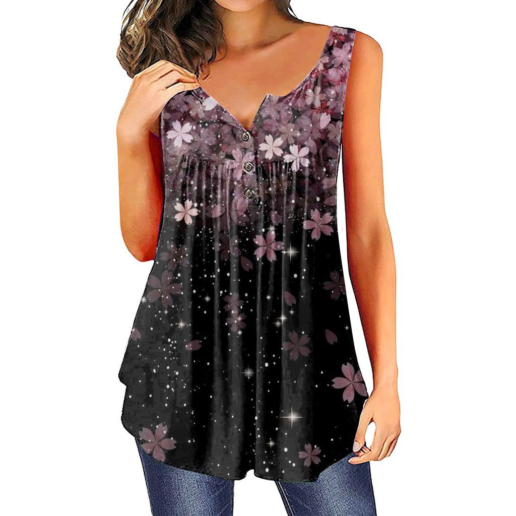 Women's Fashion Floral Printing Pleated Sleeveless Casual T-shirt Vest Button Top